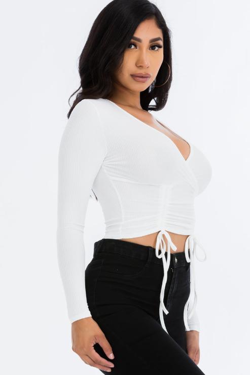 Ribbed Drawstring Long Sleeve Crop Top