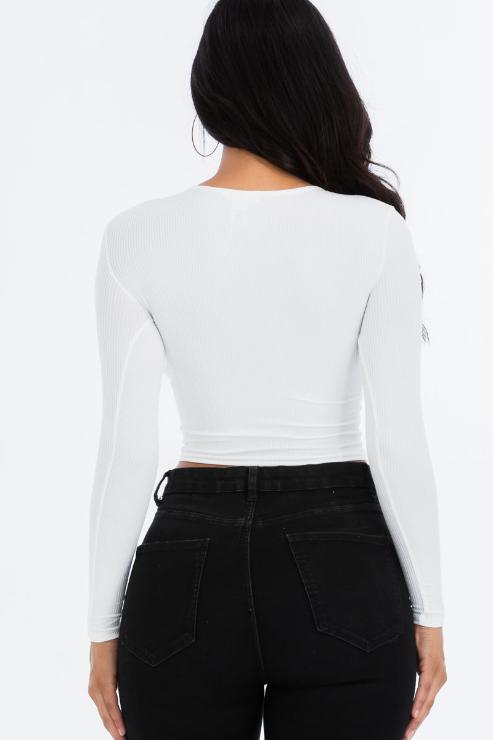 Ribbed Drawstring Long Sleeve Crop Top