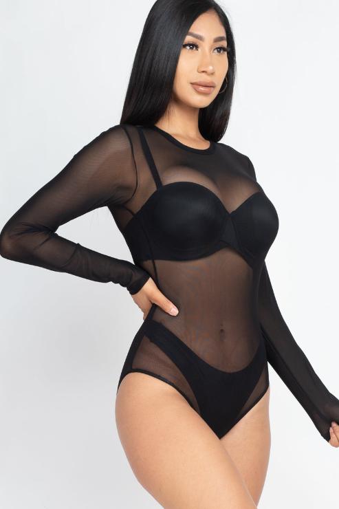 Sexy Sheer Mesh Long Sleeve Bodysuit
