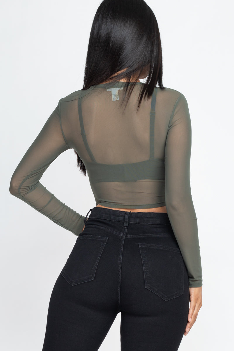 Sexy Sheer Mesh Long Sleeve Crop Top