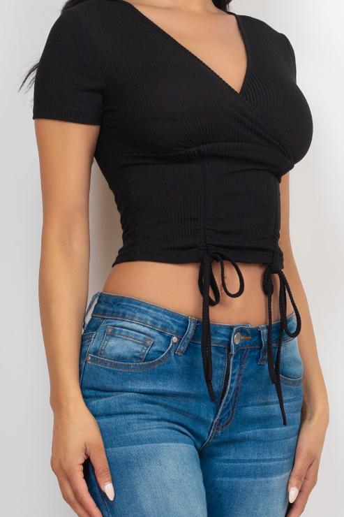 Ribbed Ruched Drawstring Surplice Top