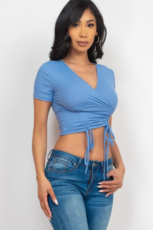 Ribbed Ruched Drawstring Surplice Top