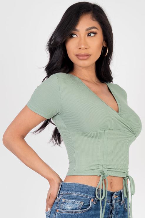 Ribbed Ruched Drawstring Surplice Top