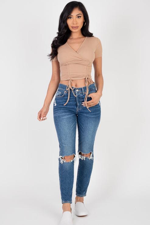 Ribbed Ruched Drawstring Surplice Top