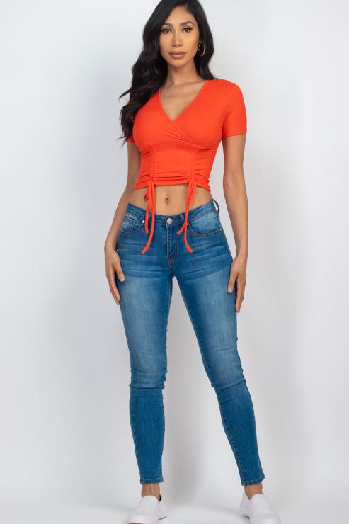 Ribbed Ruched Drawstring Surplice Top