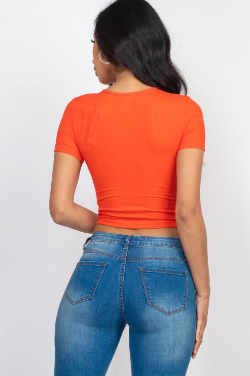 Ribbed Ruched Drawstring Surplice Top