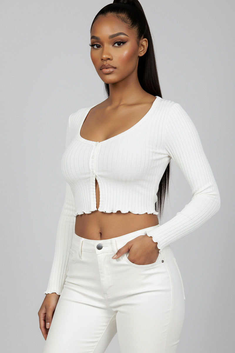 Ribbed Button Front Split Long Sleeve Top