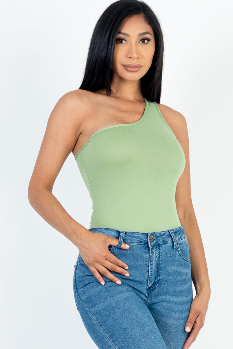 One Shoulder Solid Casual Bodysuit