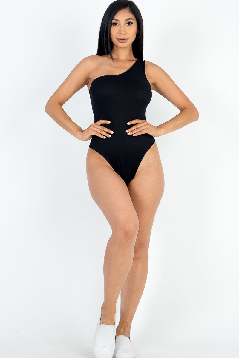 One Shoulder Solid Casual Bodysuit