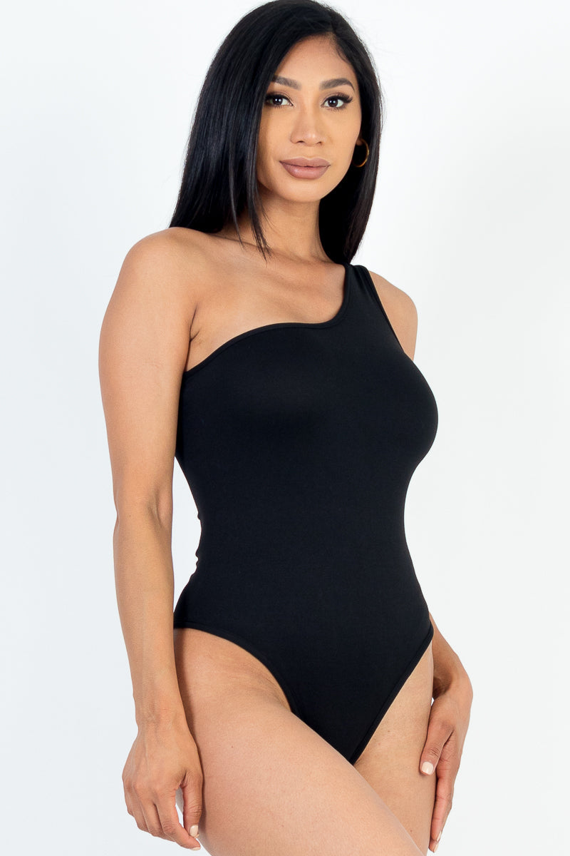 One Shoulder Solid Casual Bodysuit