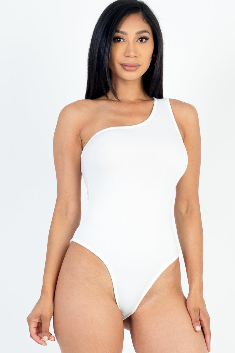 One Shoulder Solid Casual Bodysuit
