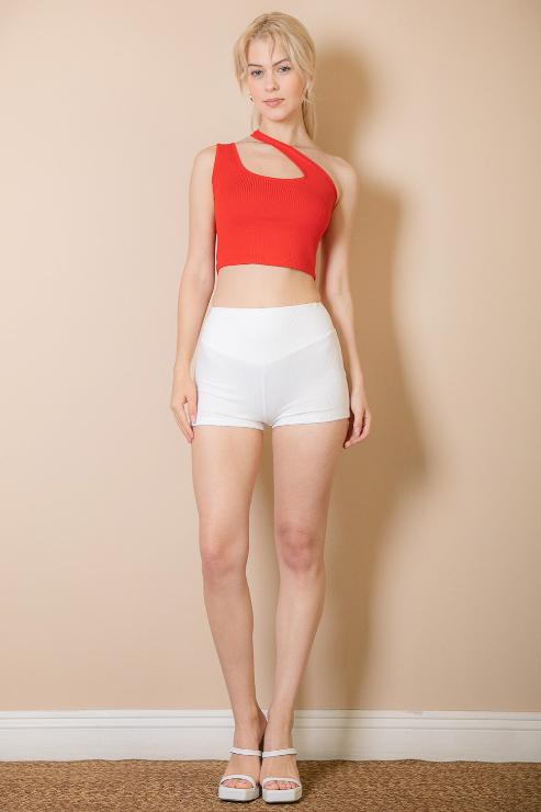 Ribbed One Shoulder Cross Strap Crop Top