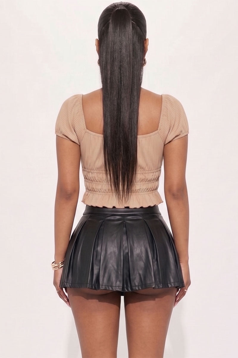 Casual Ruched Puff Sleeve Ribbed Knit Solid Top