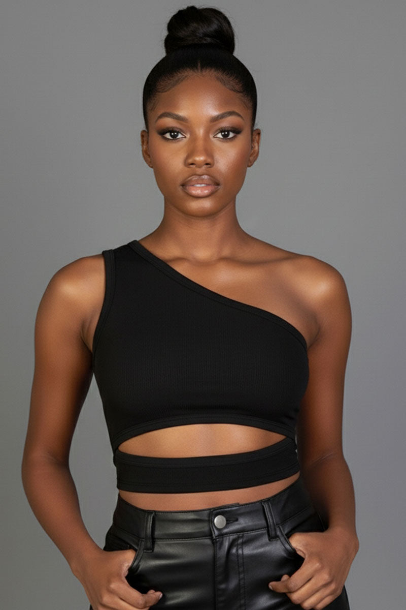 Ribbed Knit Cut Out One Shoulder Crop Top