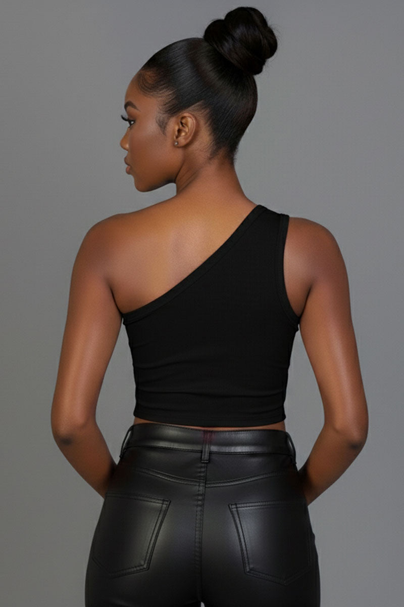 Ribbed Knit Cut Out One Shoulder Crop Top
