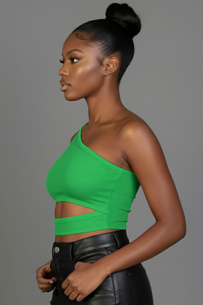 Ribbed Knit Cut Out One Shoulder Crop Top