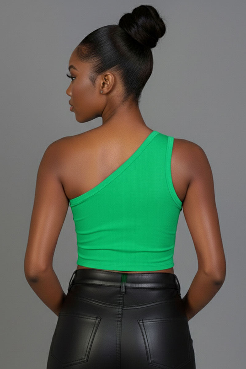 Ribbed Knit Cut Out One Shoulder Crop Top