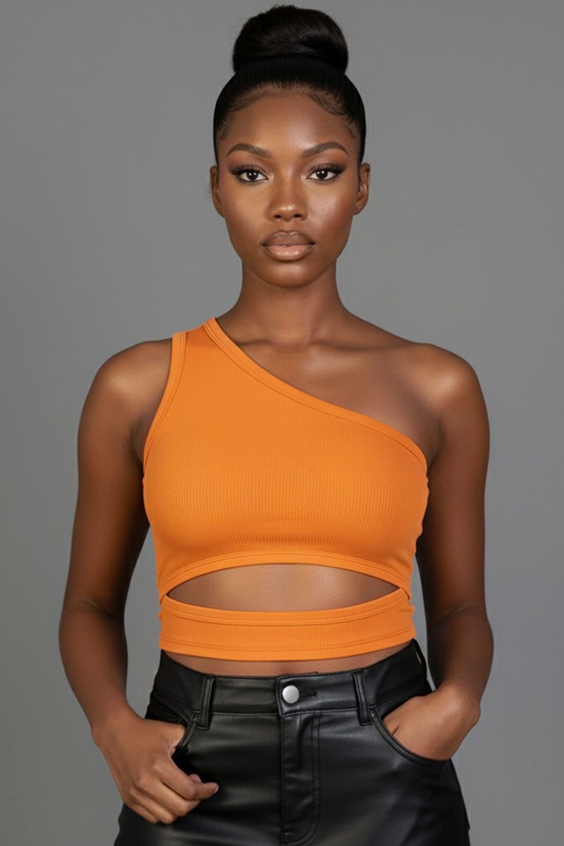 Ribbed Knit Cut Out One Shoulder Crop Top