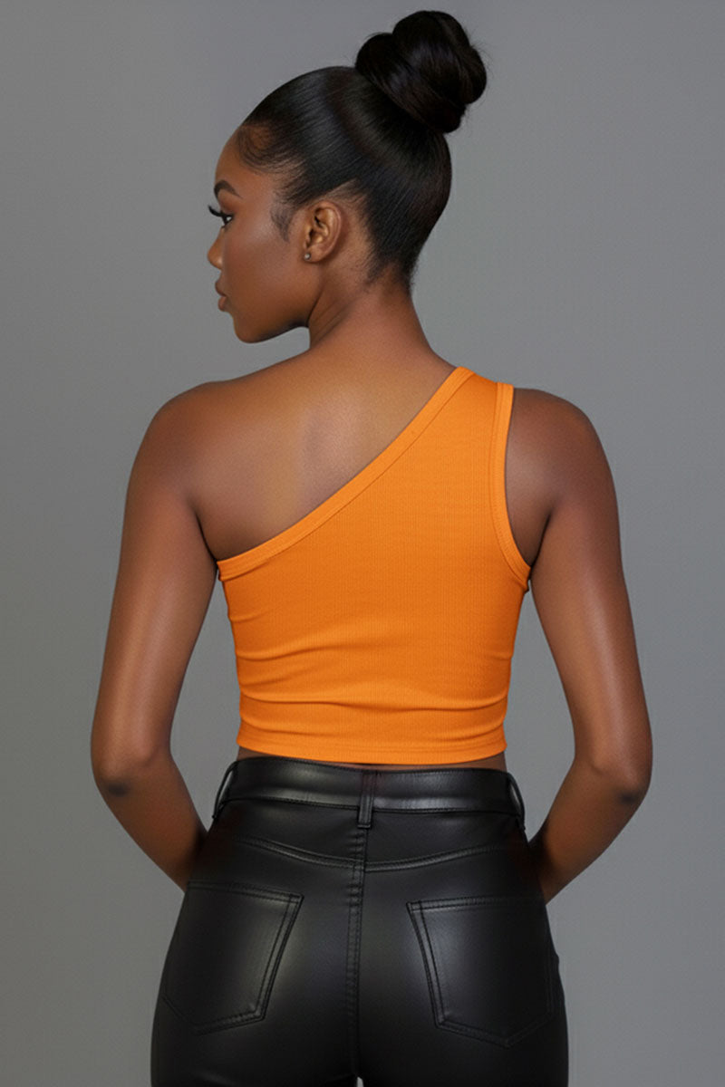 Ribbed Knit Cut Out One Shoulder Crop Top