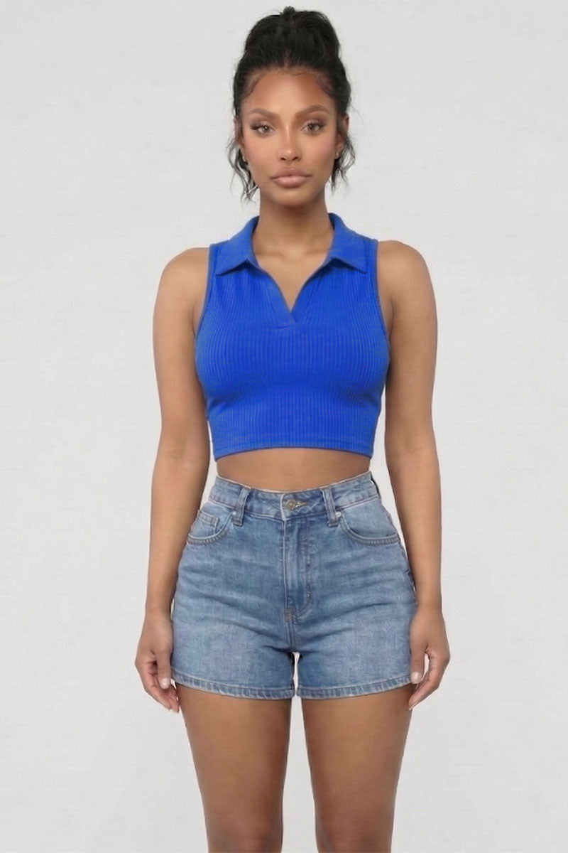 Solid Ribbed Polo Neck Tank Top