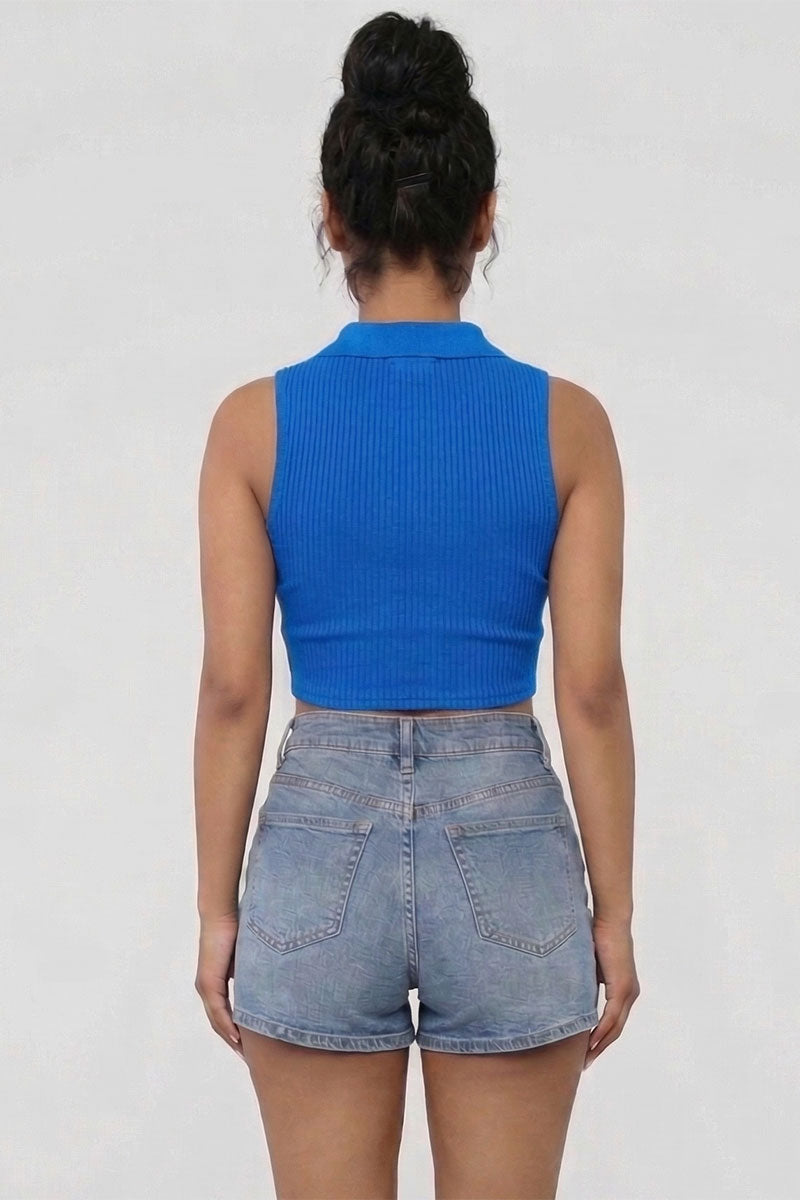 Solid Ribbed Polo Neck Tank Top