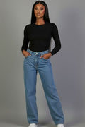 Ribbed Round Neck Long Sleeve Top
