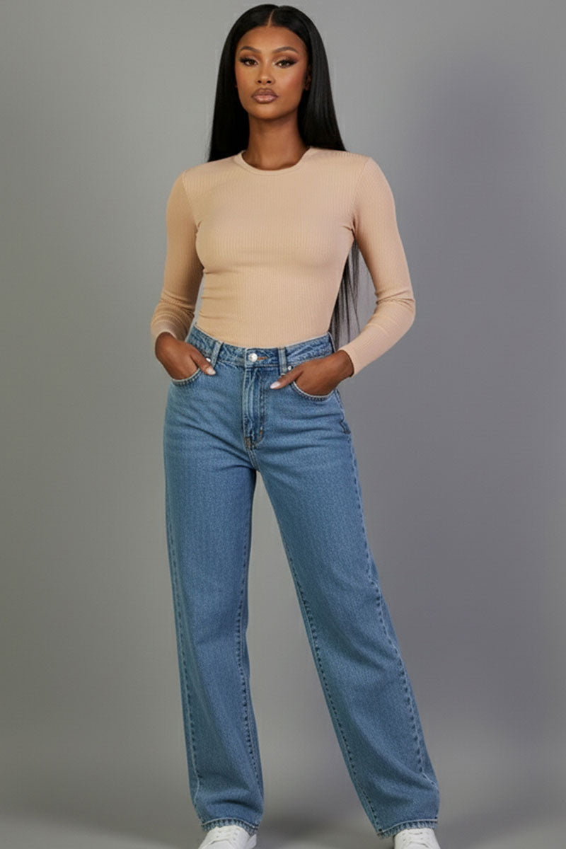 Ribbed Round Neck Long Sleeve Top