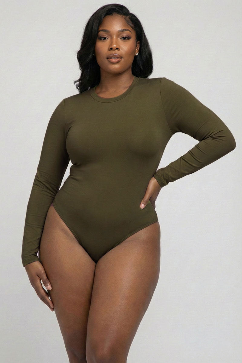 Plus Solid Long Sleeve Round Neck Bodysuit
