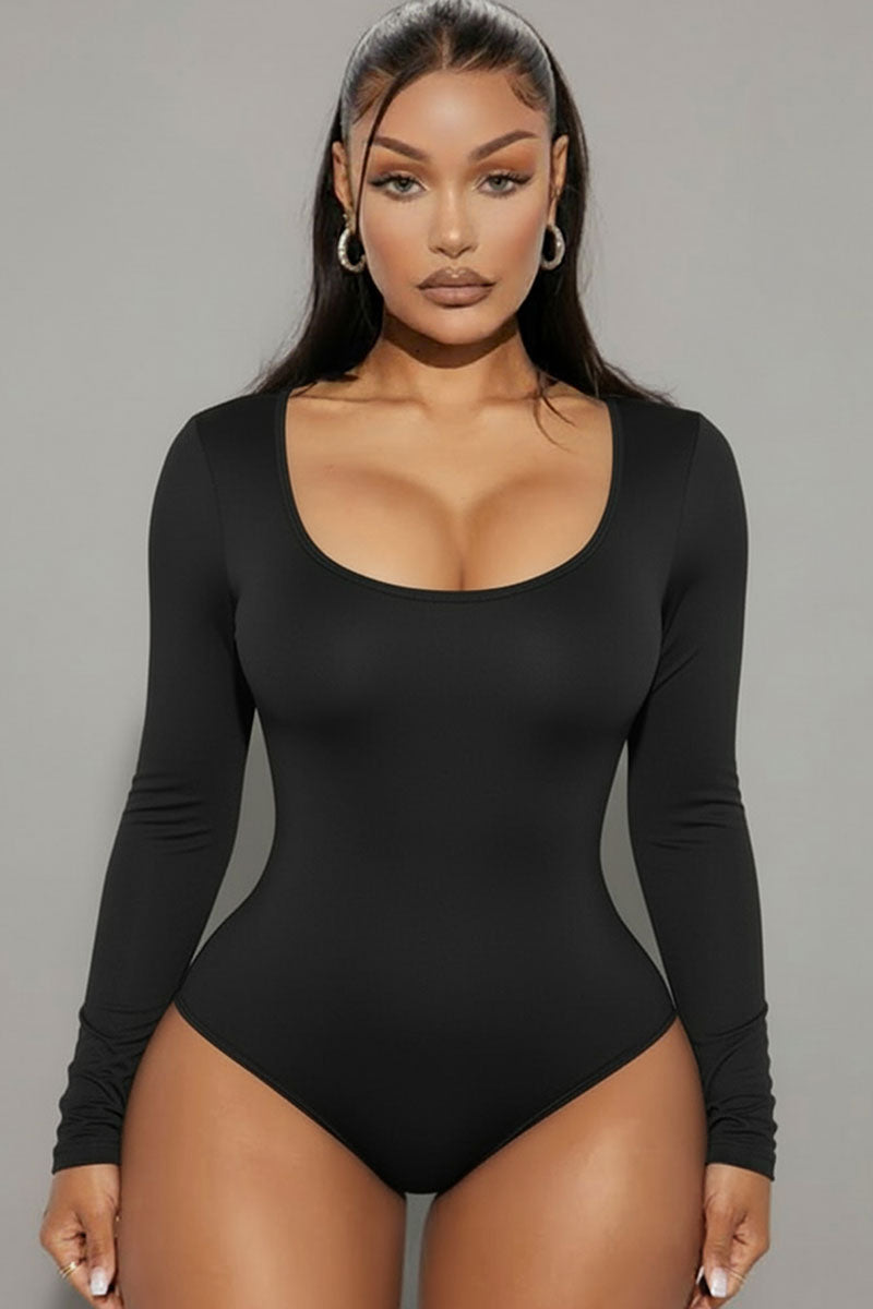Scoop Neck Solid Long Sleeve Bodysuit