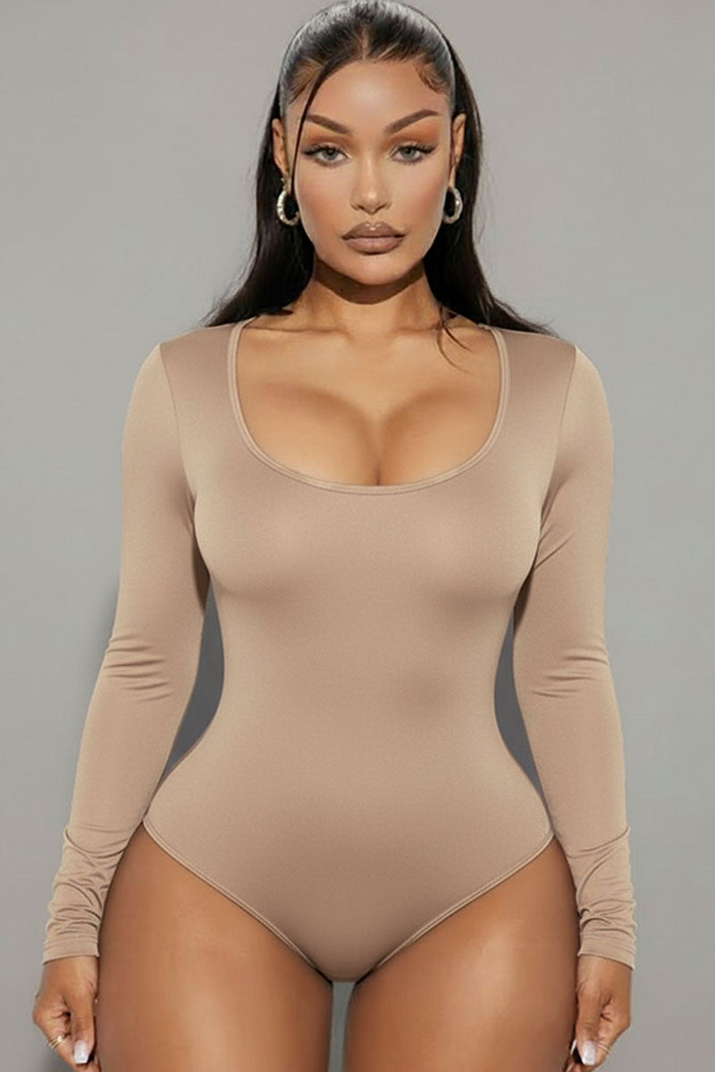Scoop Neck Solid Long Sleeve Bodysuit