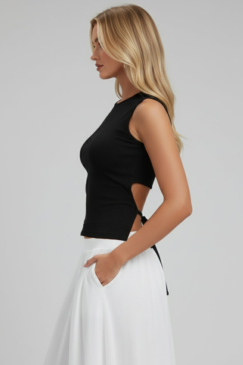 Sleeveless Mock Neck Top with Adjustable Side Slit Tie