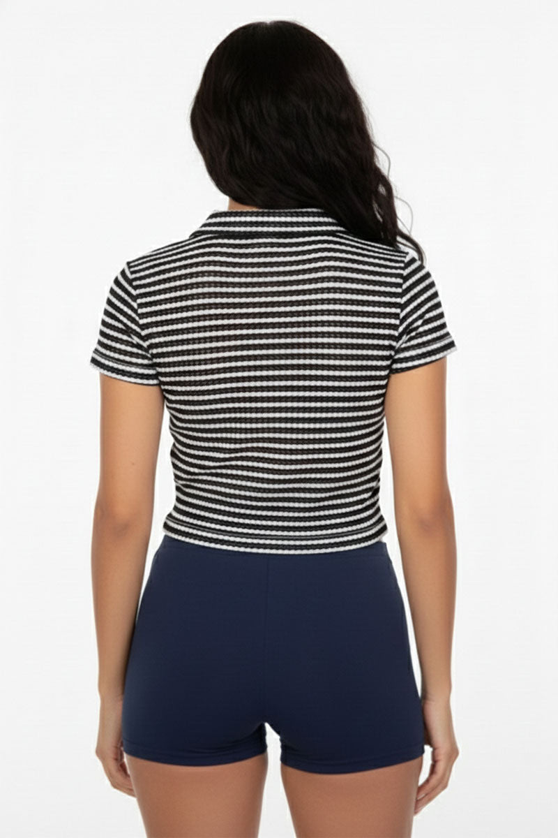 Women's Pineapple Knit Striped Polo Crop Top