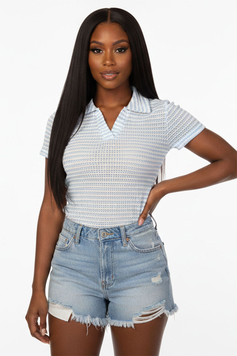 Women's Pineapple Knit Striped Polo Crop Top