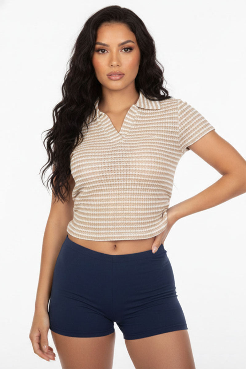Women's Pineapple Knit Striped Polo Crop Top