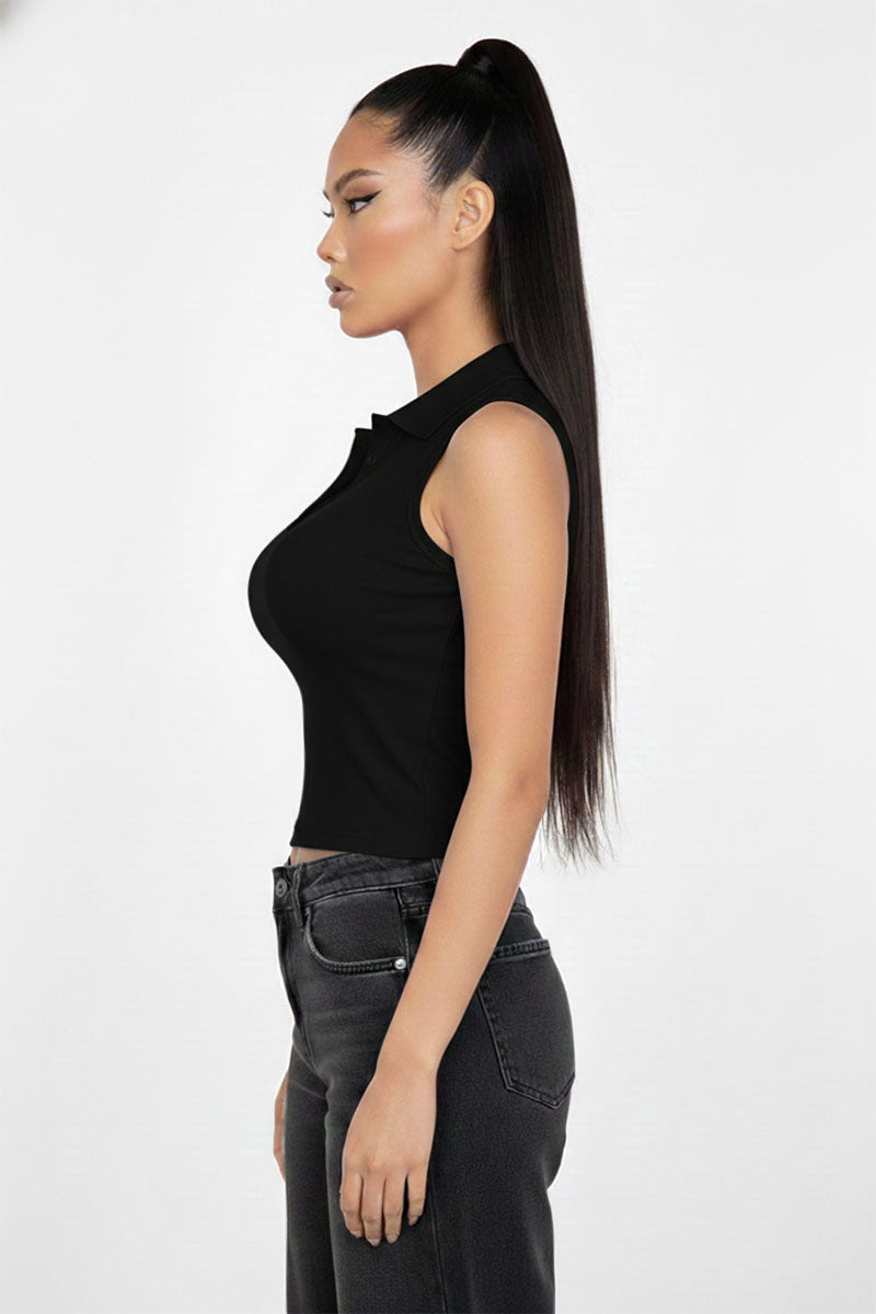 Slim-Fit Sleeveless Polo Collar Crop Top