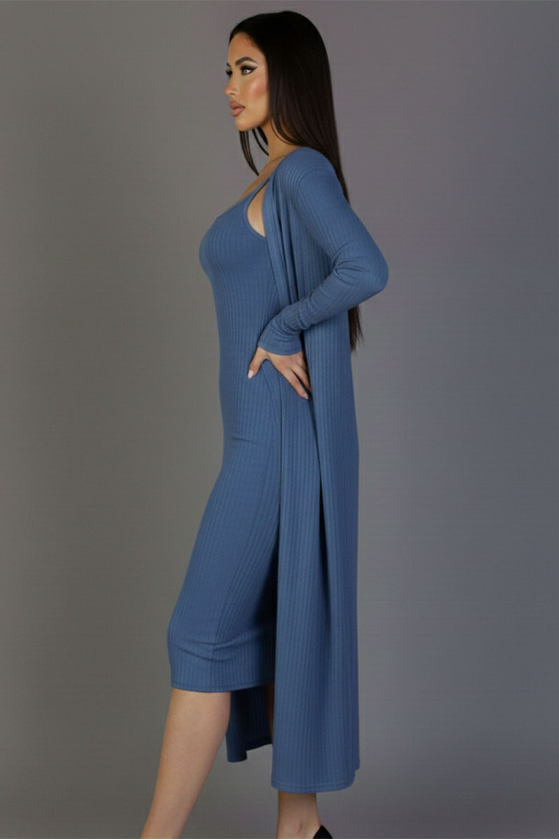 Ribbed Cardigan & Cami Midi Bodycon Dress