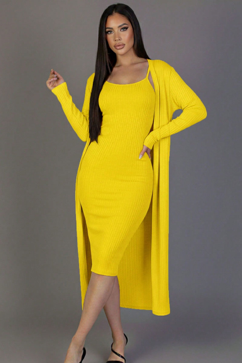 Ribbed Cardigan & Cami Midi Bodycon Dress