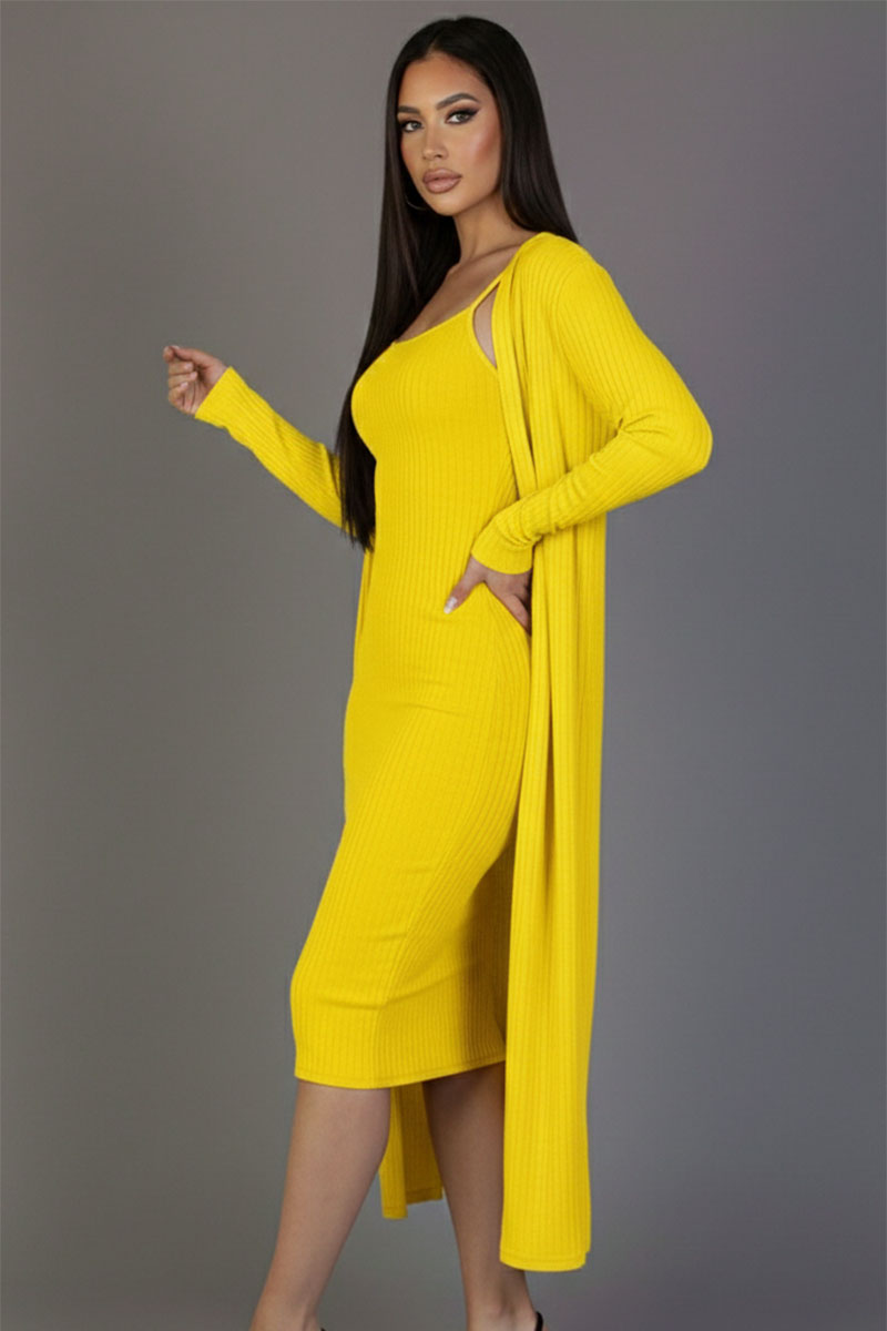 Ribbed Cardigan & Cami Midi Bodycon Dress