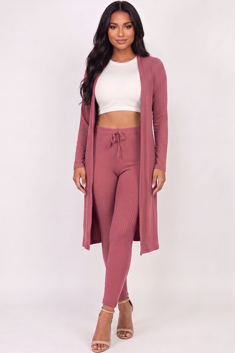 Ribbed Long Cardigan & Leggings Set