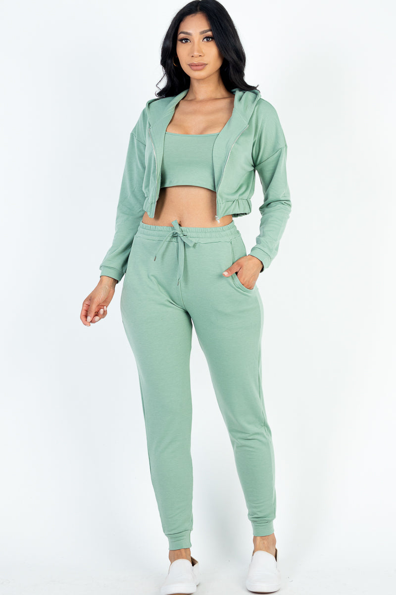 French Terry Cropped Cami with Zip-up Jacket and Joggers Set