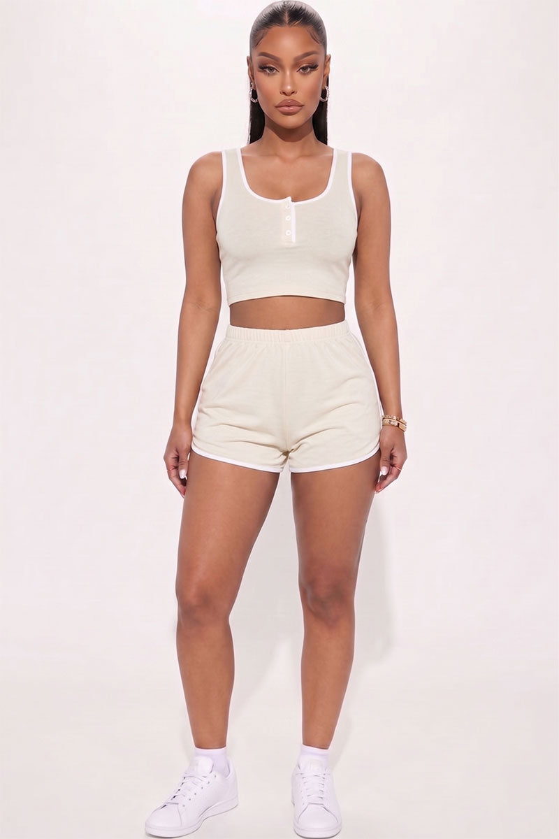 Casual French Terry Sleeveless Button Front Contrast Trim Cropped Tank Top and Shorts Set