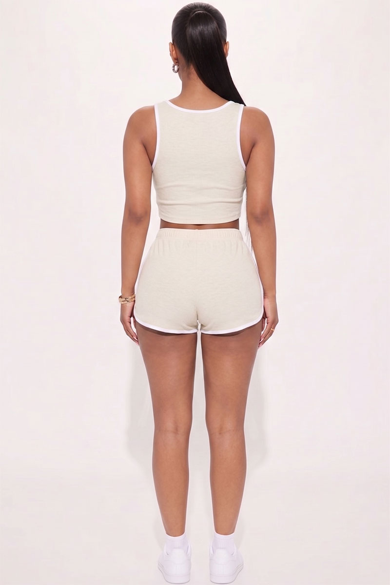 Casual French Terry Sleeveless Button Front Contrast Trim Cropped Tank Top and Shorts Set