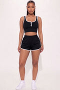 Casual French Terry Sleeveless Button Front Contrast Trim Cropped Tank Top and Shorts Set