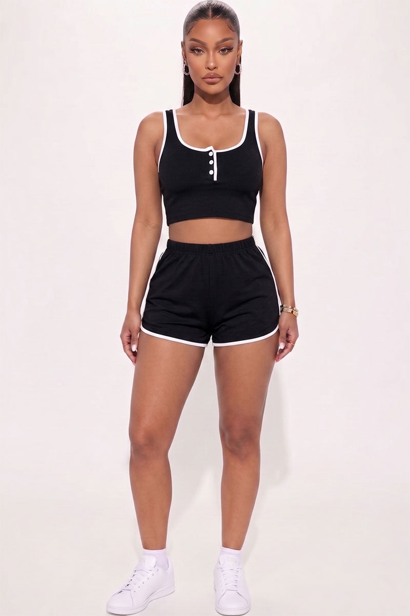 Casual French Terry Sleeveless Button Front Contrast Trim Cropped Tank Top and Shorts Set