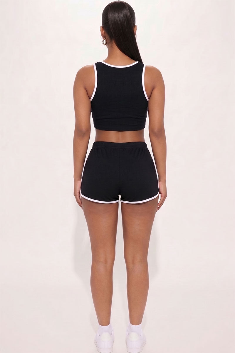 Casual French Terry Sleeveless Button Front Contrast Trim Cropped Tank Top and Shorts Set