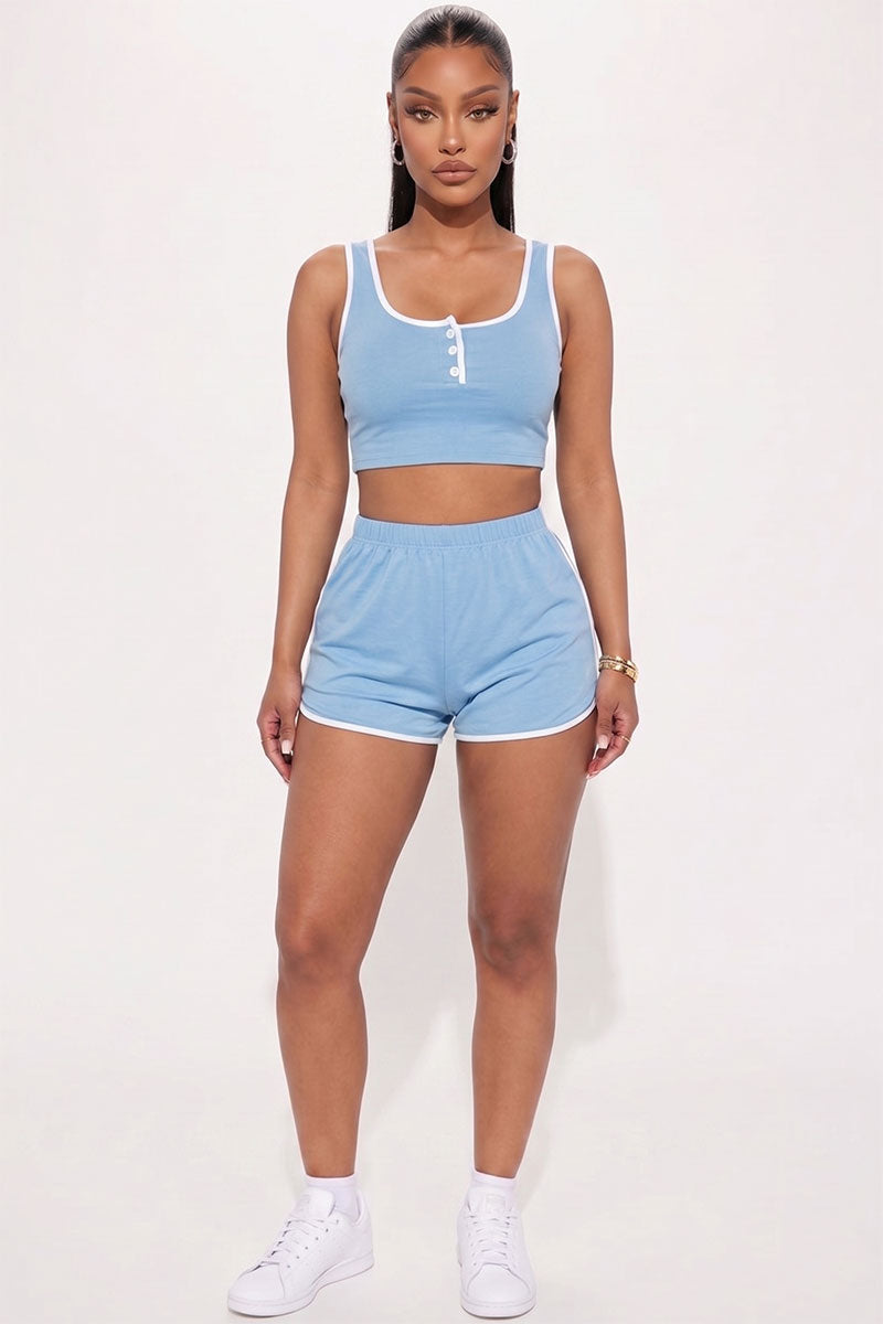 Casual French Terry Sleeveless Button Front Contrast Trim Cropped Tank Top and Shorts Set