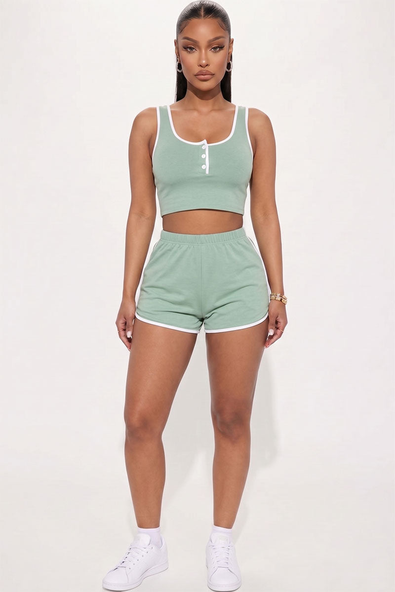 Casual French Terry Sleeveless Button Front Contrast Trim Cropped Tank Top and Shorts Set
