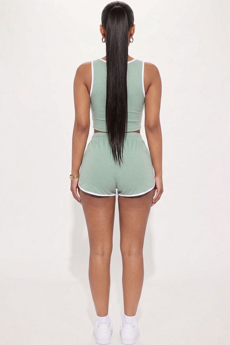 Casual French Terry Sleeveless Button Front Contrast Trim Cropped Tank Top and Shorts Set