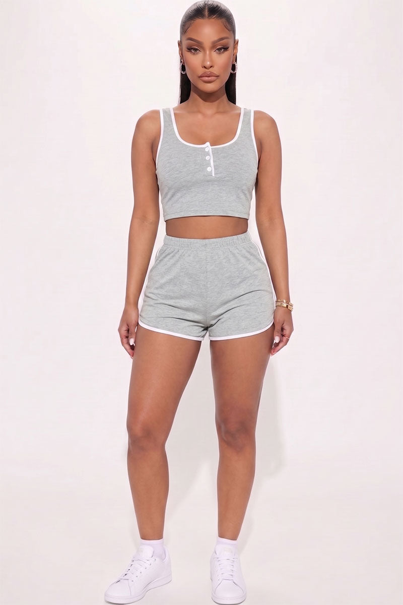 Casual French Terry Sleeveless Button Front Contrast Trim Cropped Tank Top and Shorts Set