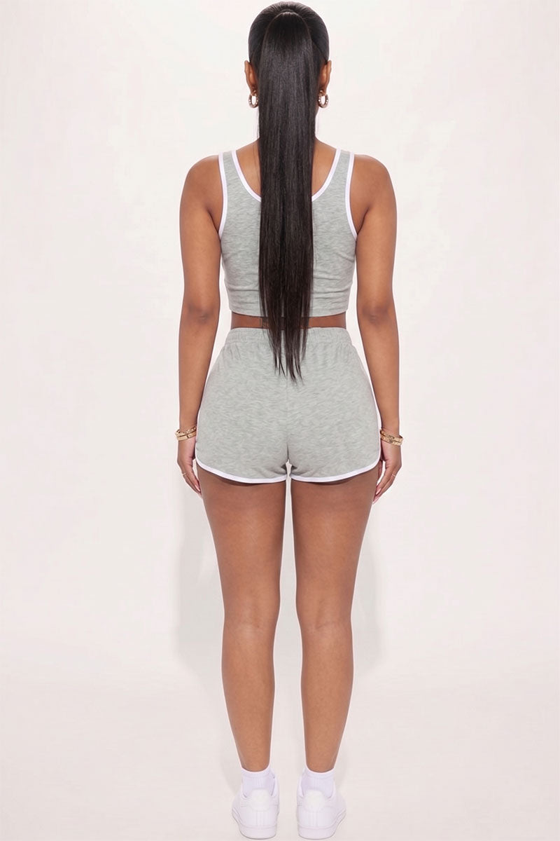 Casual French Terry Sleeveless Button Front Contrast Trim Cropped Tank Top and Shorts Set